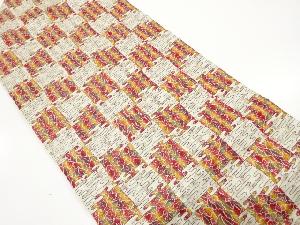 変わり市松に梅・楓模様織り出し　名古屋帯